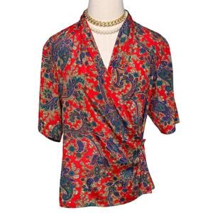 Vintage Nicola shawl collar wrap front silky paisley secretary blouse size 8